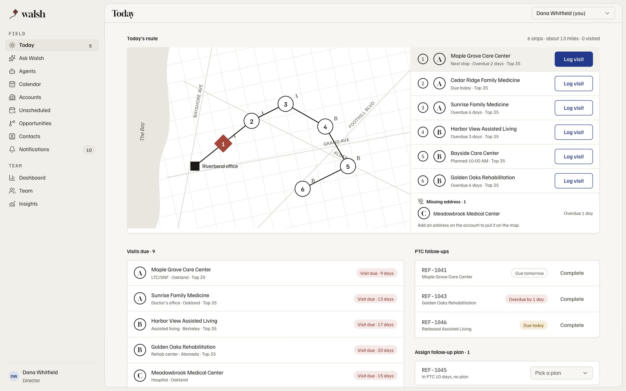 Walsh Today: the route map joins six stops with one line, the kite marks Maple Grove as the next visit.